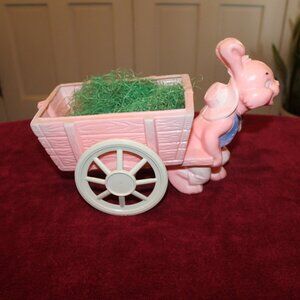 Vintage Blow Mold Easter Bunny Rabbit Pulls Wagon Cart on Wheels